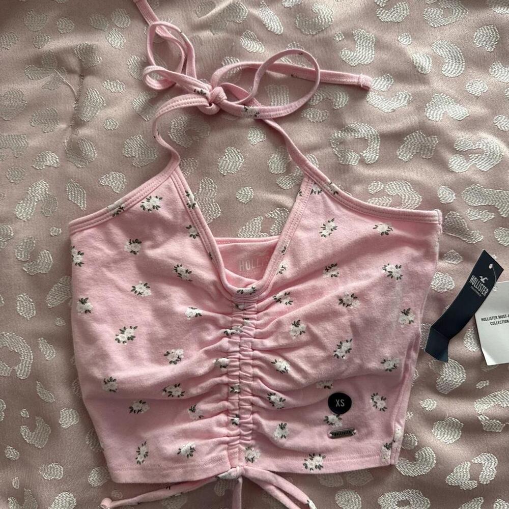 Hollister Pink Floral Halter Ruched Crop Top